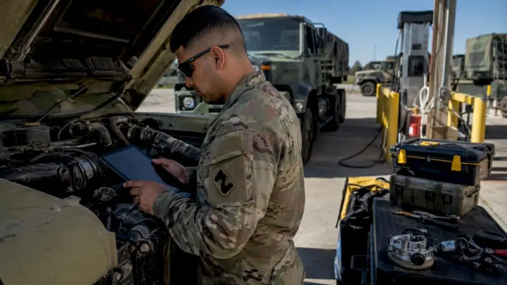 Service member inspecting vehicle engine outdoors