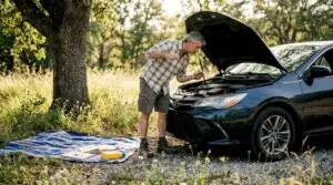 Man checking engine oil in car hood