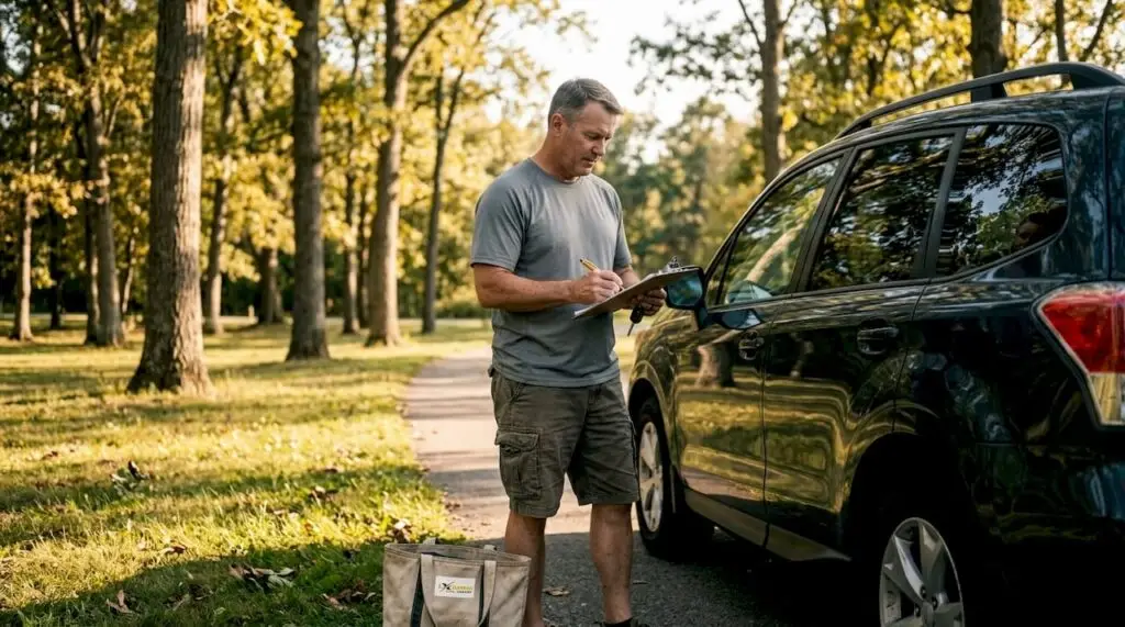 Veteran inspecting car before deployment storage