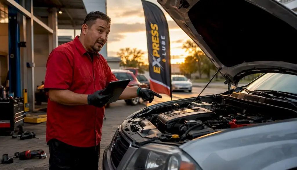 Mechanic reviewing car maintenance checklist