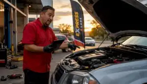 Mechanic reviewing car maintenance checklist