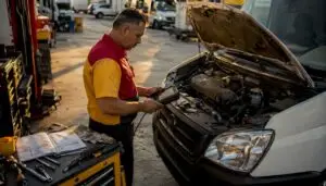 Technician inspecting fleet vehicle in certified shop