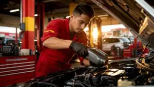 Mechanic pouring oil into car engine