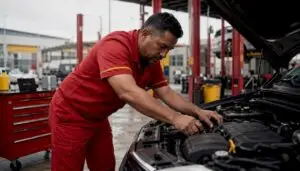 Local mechanic inspecting car engine in garage