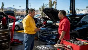 Customer discussing car service at Tucson repair shop