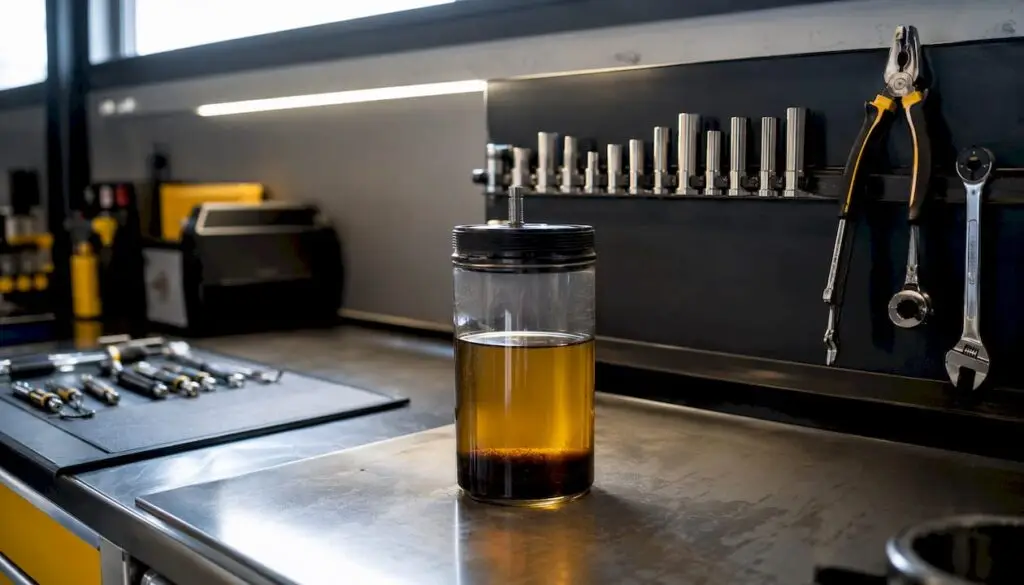 Engine oil in container on garage workbench