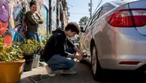 Teen checking car tire pressure with parent watching