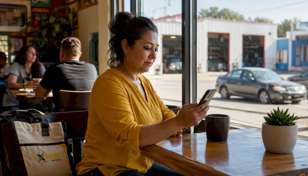 Customer reading reviews outside auto repair shop