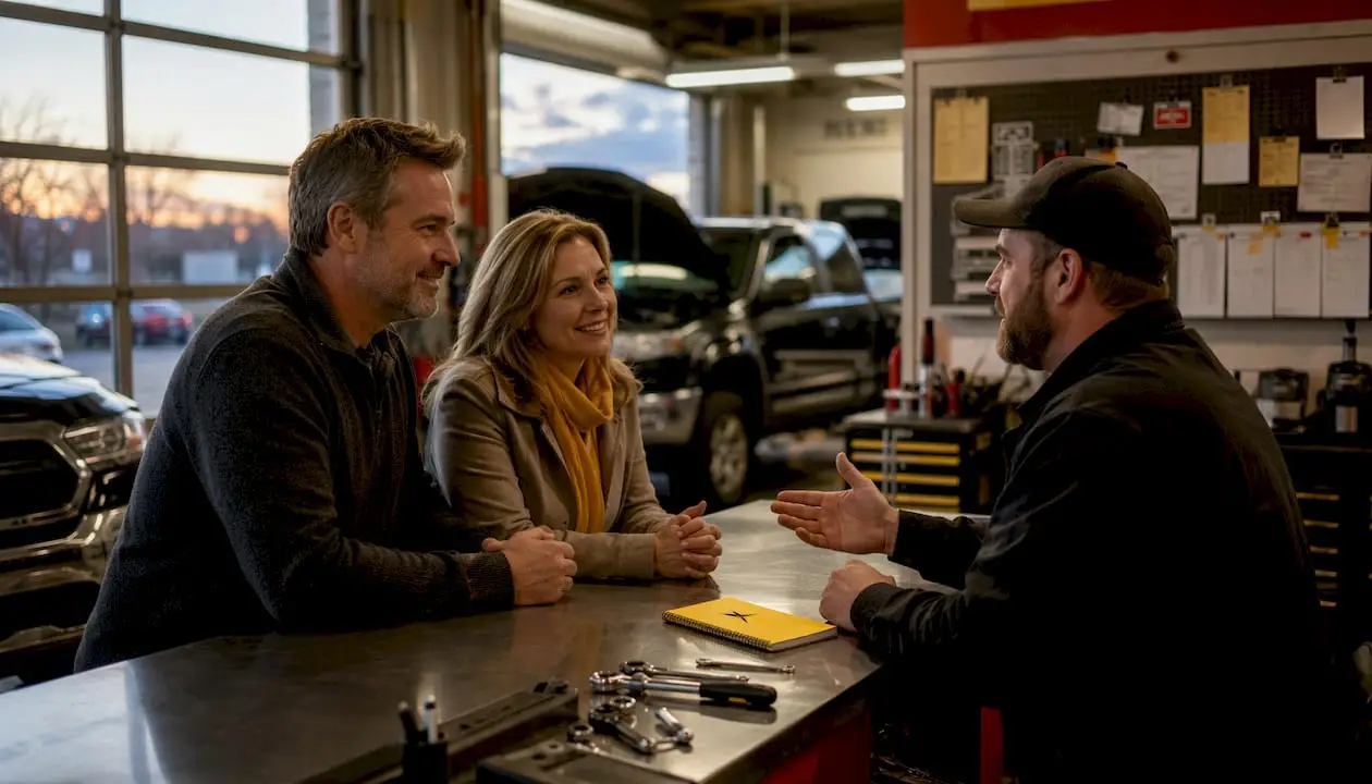 Couple talking with local auto shop manager