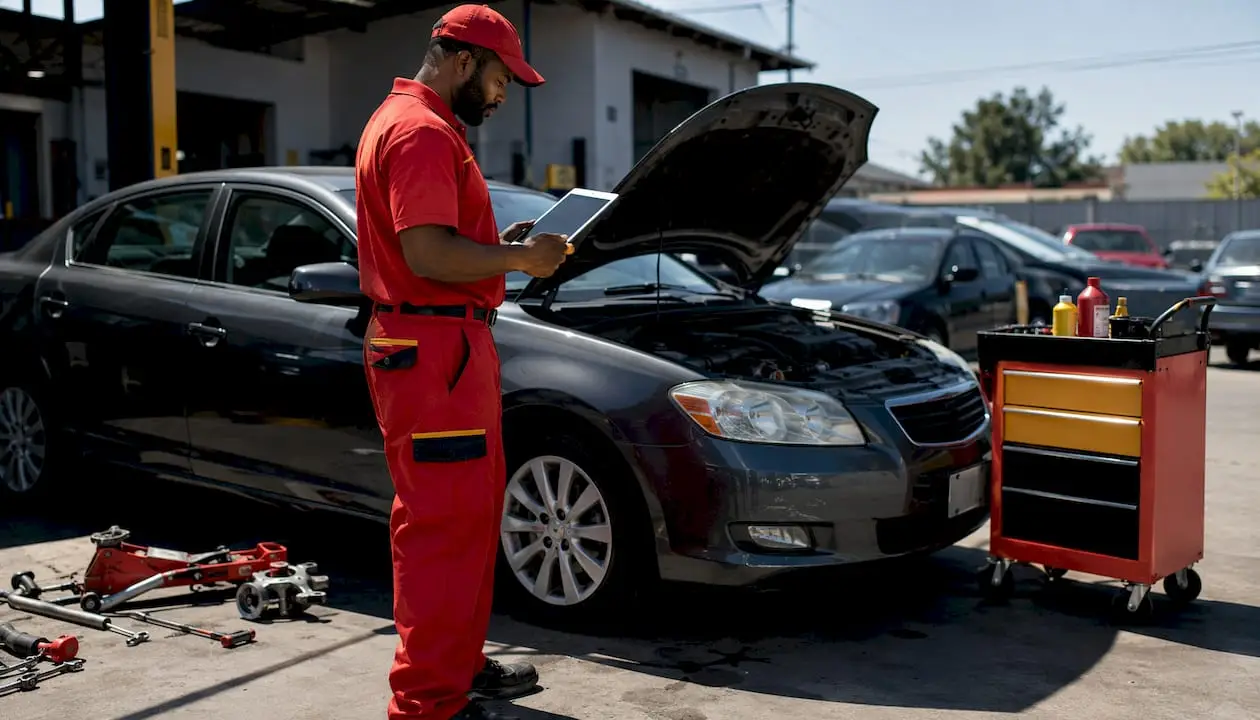 Technician performing digital vehicle inspection