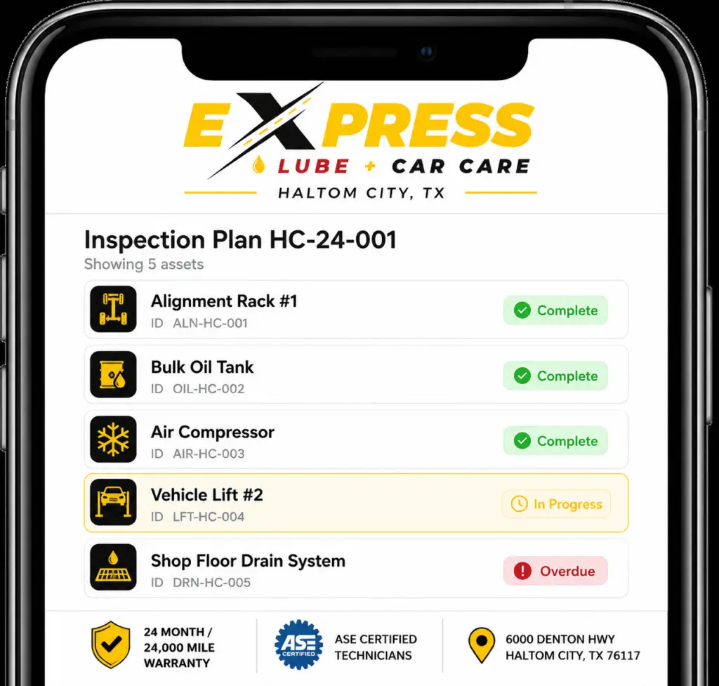 Digital vehicle inspection checklist with photos and technician recommendations at Express Lube & Car Care in Haltom City, TX.