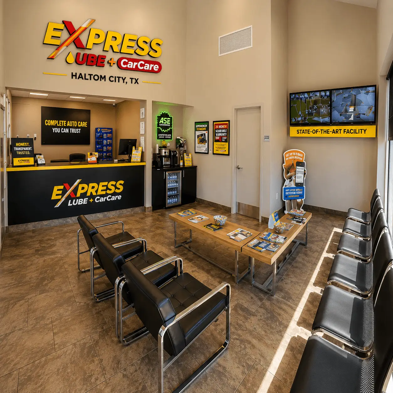 Comfortable customer waiting area at Express Lube & Car Care in Haltom City, TX