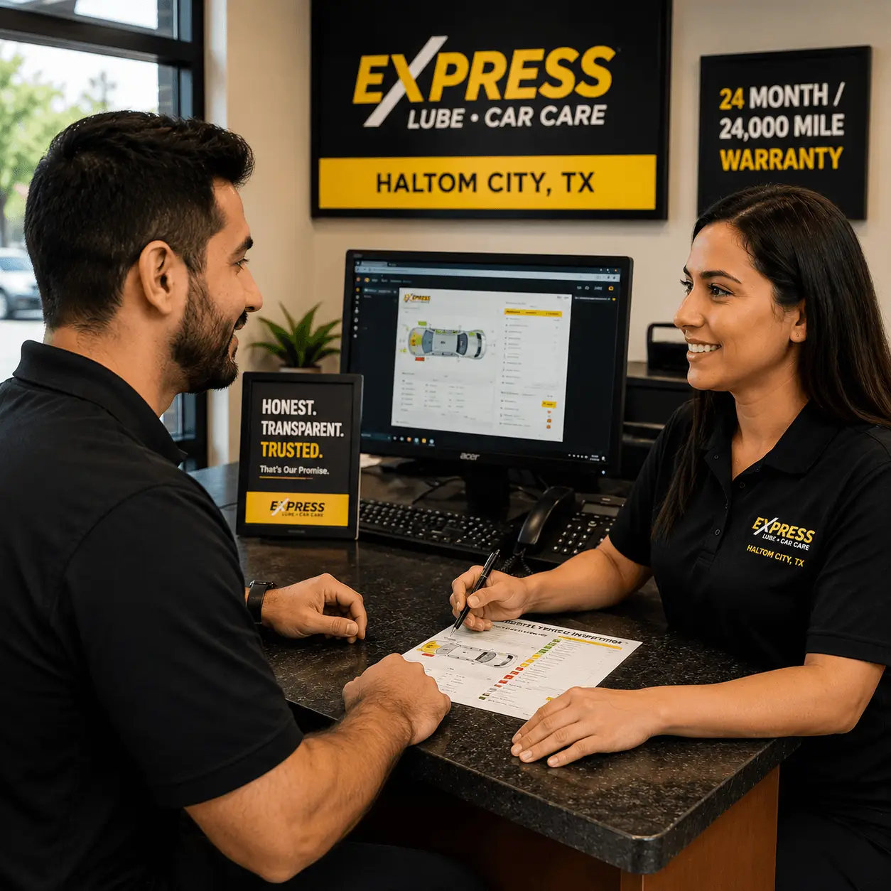 Friendly service advisors assisting customers at Express Lube & Car Care in Haltom City, TX