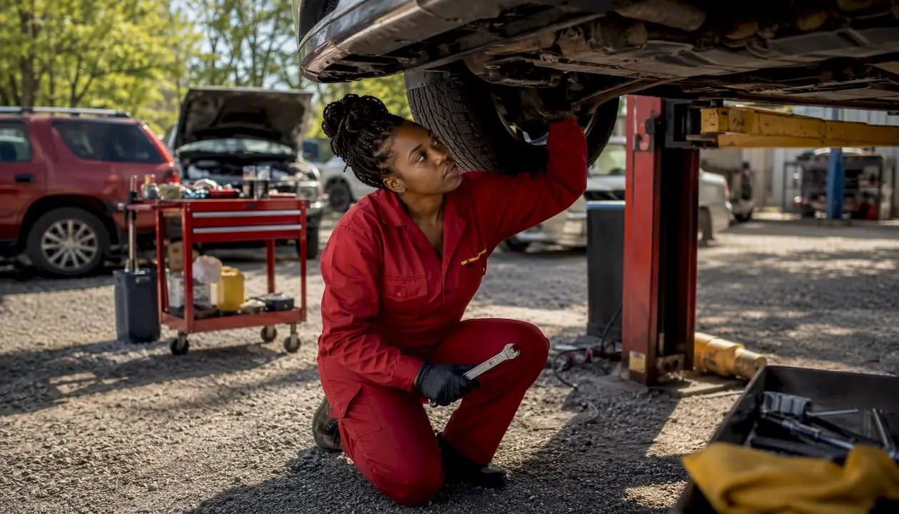 ASE-certified technician inspecting vehicle undercarriage