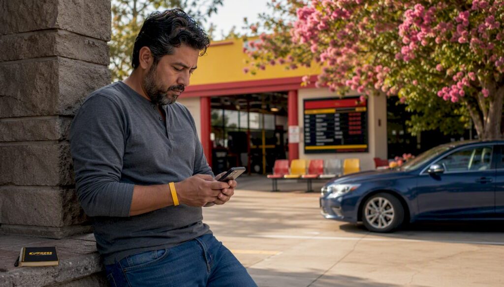 Man comparing oil change options outside service shop