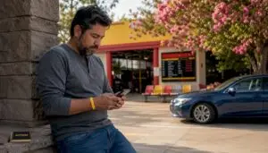 Man comparing oil change options outside service shop