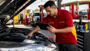 Mechanic conducting digital vehicle inspection indoors