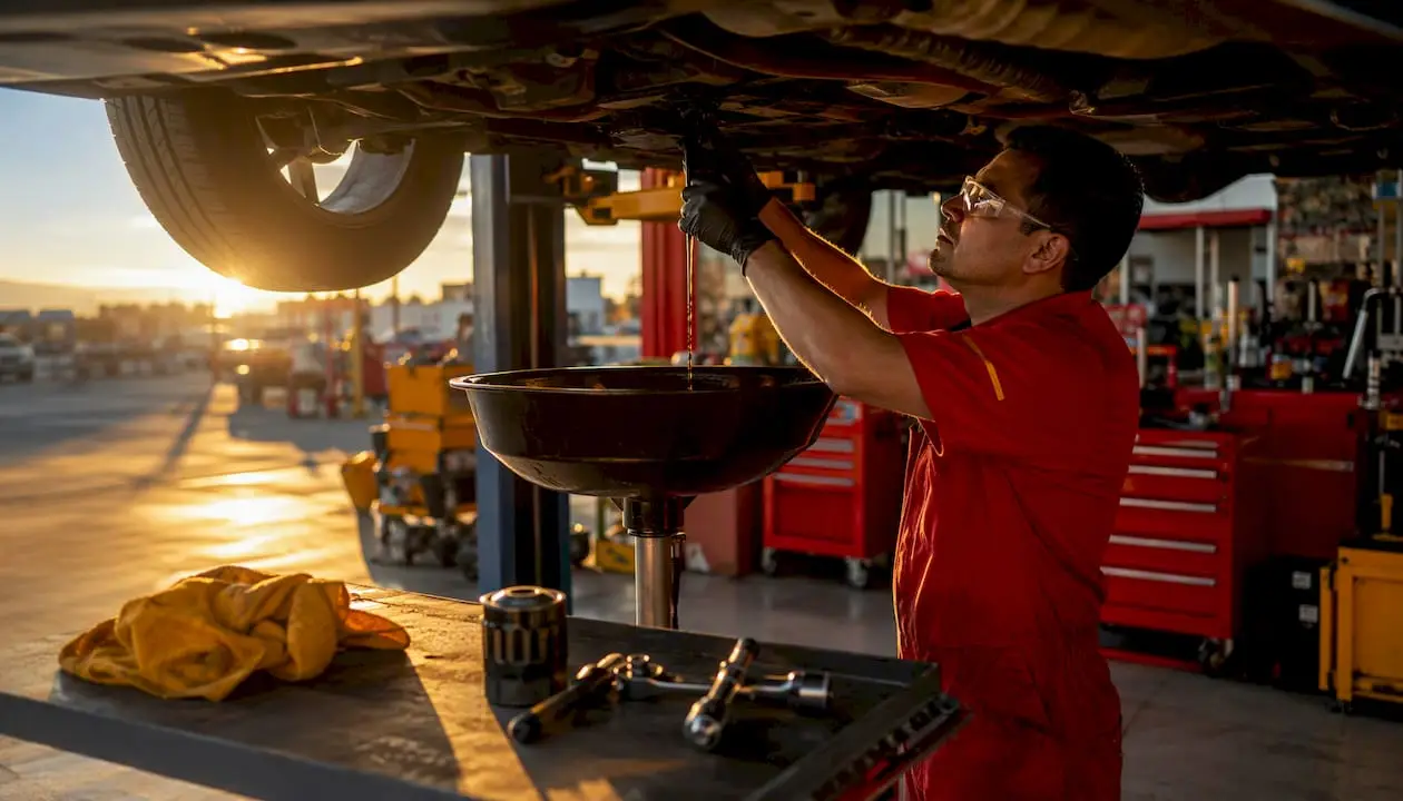 Technician changing vehicle oil indoors close-up