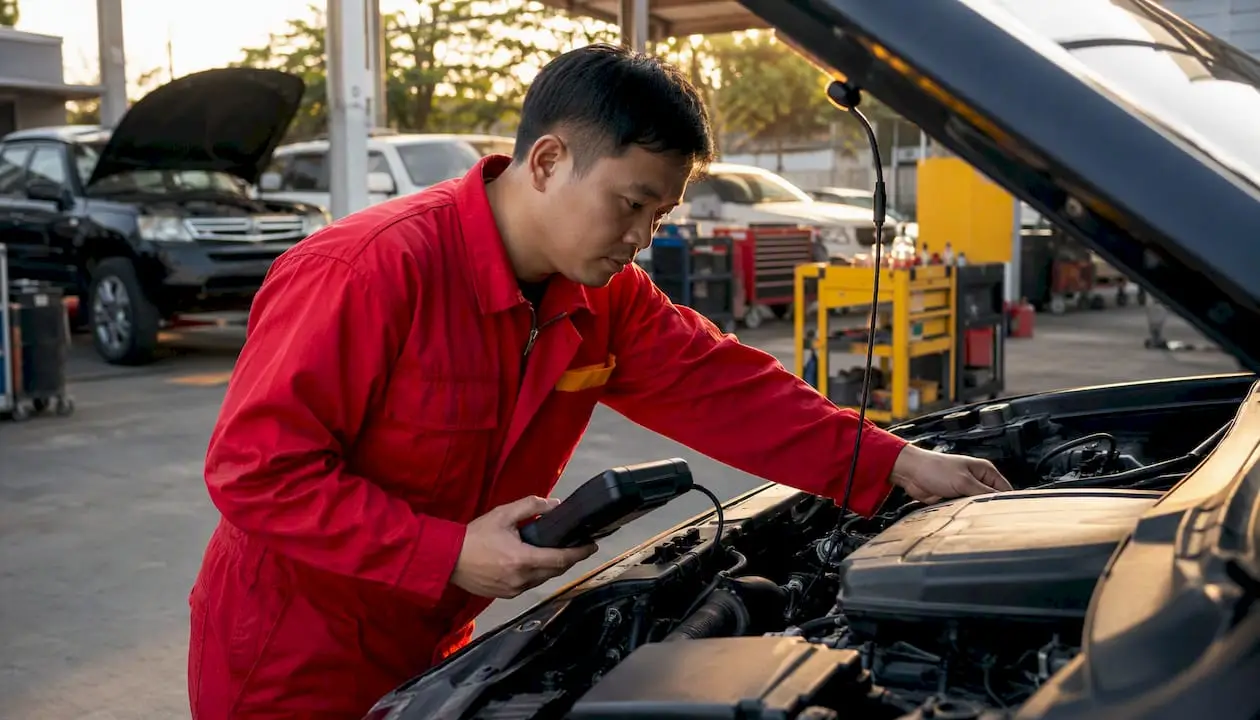 Mechanic inspecting car engine with diagnostic tool