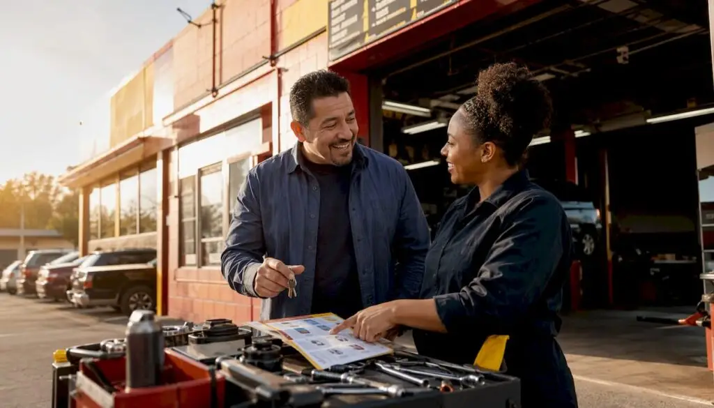 Customer talking to auto repair technician at Denton shop