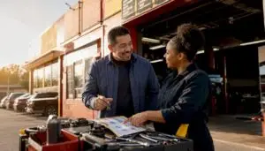 Customer talking to auto repair technician at Denton shop