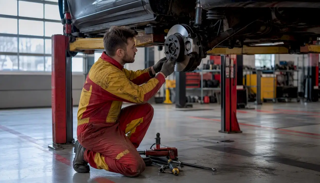 Mechanic replacing brake rotor under lifted car