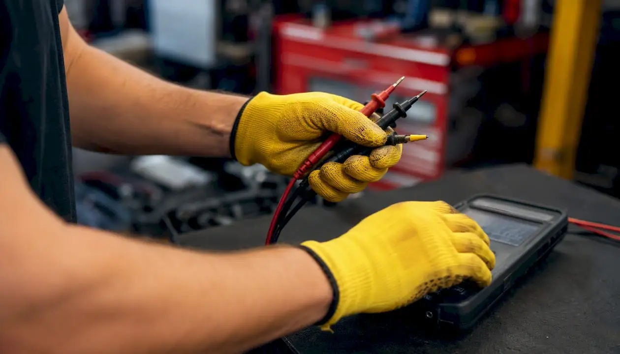 Technician holding ASE certification card and diagnostic tool