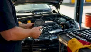 Technician scanning car engine with OBD-II tool