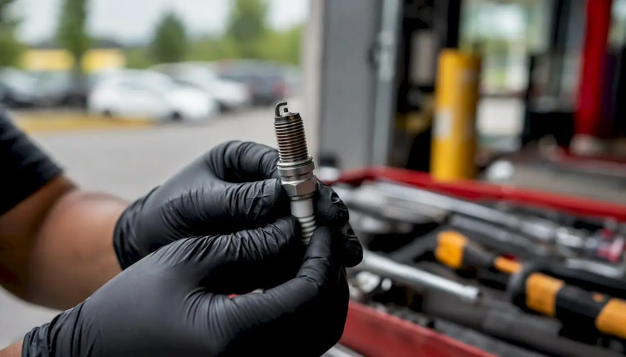 Technician inspecting spark plug close-up