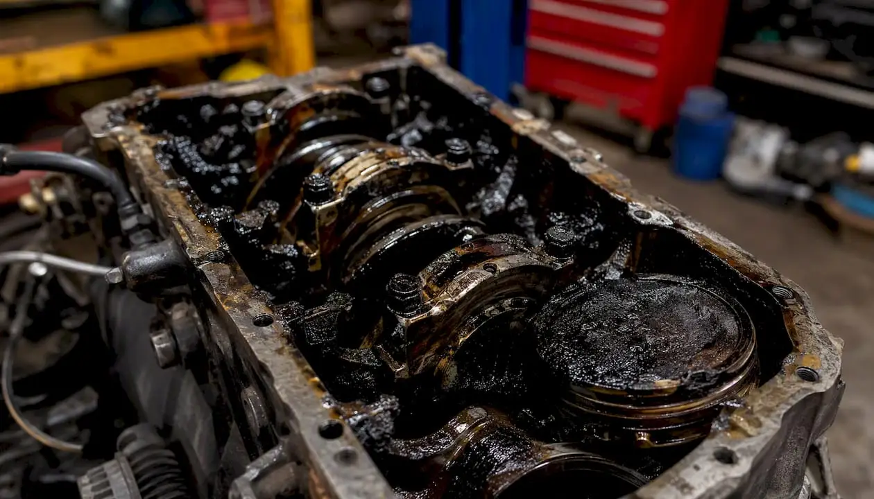 Oil sludge damaging engine parts close-up