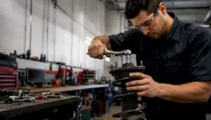 Technician compressing strut spring in service bay