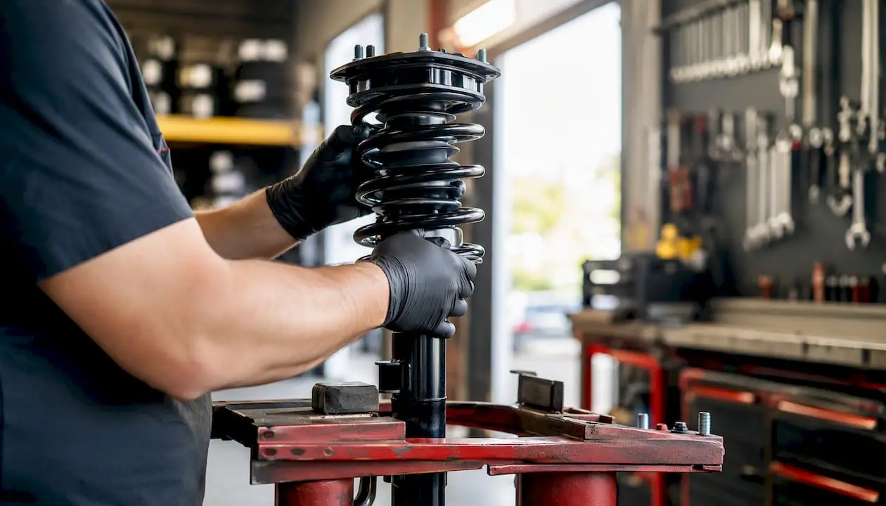Technician handling aftermarket strut assembly