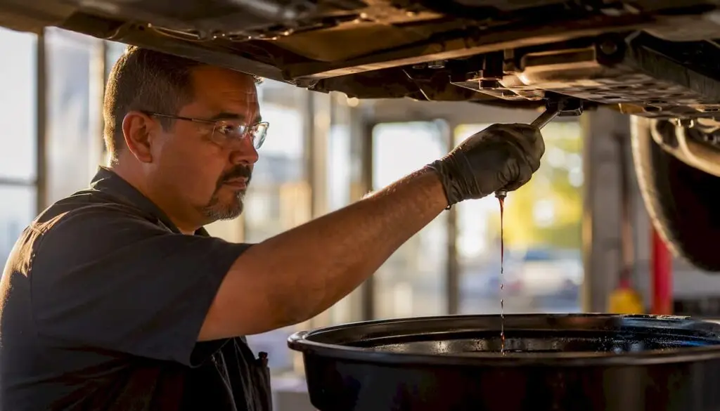 Technician draining engine oil during oil change