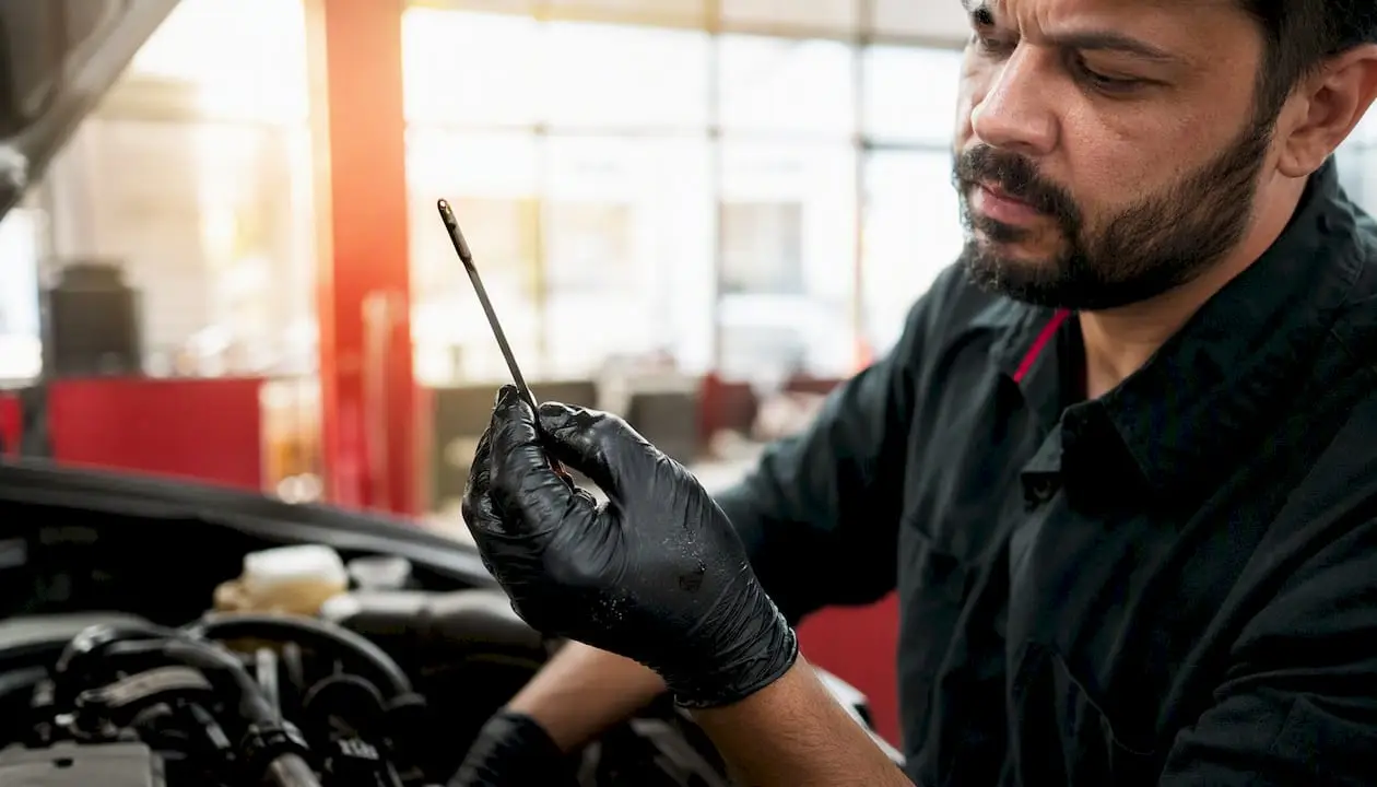 Hand inspecting oil dipstick with used engine oil