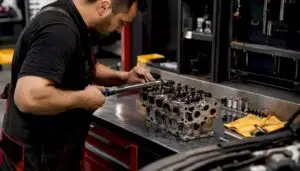 Technician tightening bolts on engine cylinder head