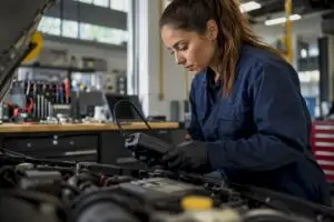 Technician using diagnostic scanner on engine