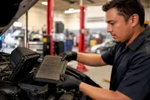 Hands removing dusty engine air filter