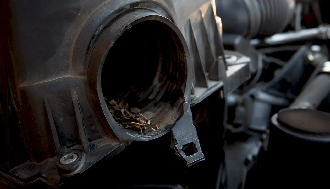 Cracked air filter housing with trapped debris