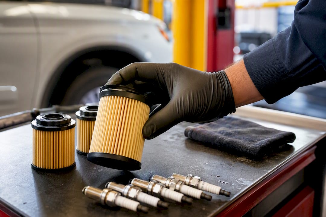 Technician inspecting ignition coils and filters
