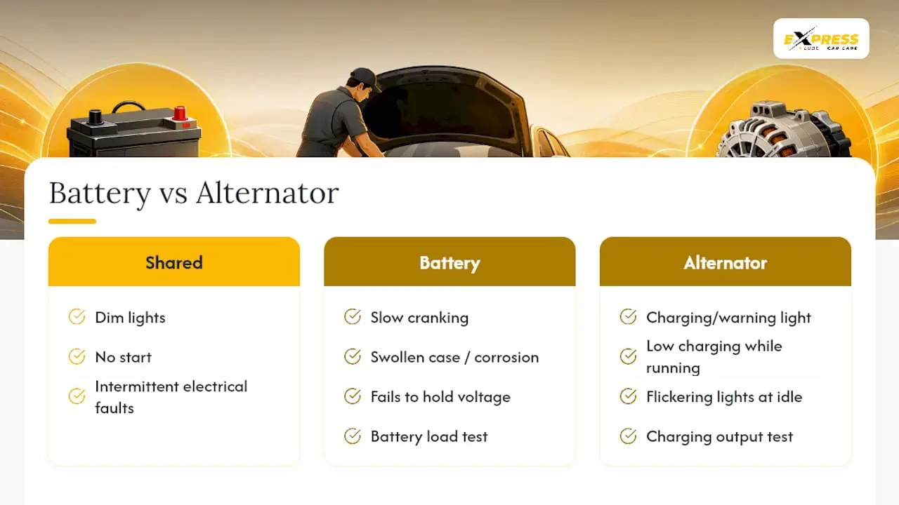 Comparison of battery and alternator failure symptoms and tests