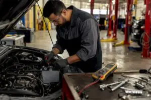 Technician connecting diagnostic leads to battery