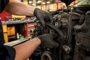 Technician hands routing new serpentine belt in engine
