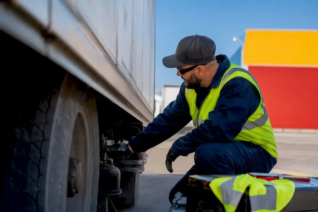 Driver checking truck tire and air system outdoors