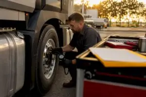 Hands checking truck engine fluids in service bay