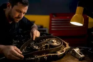 Technician inspecting an exposed timing belt