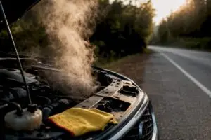 Steam rising from an overheated engine bay