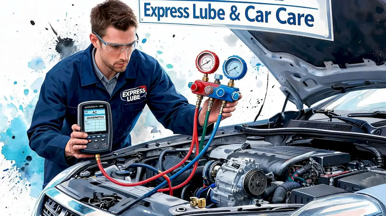 Mechanic diagnosing a car AC system at Express Lube & Car Care in Haltom City, TX
