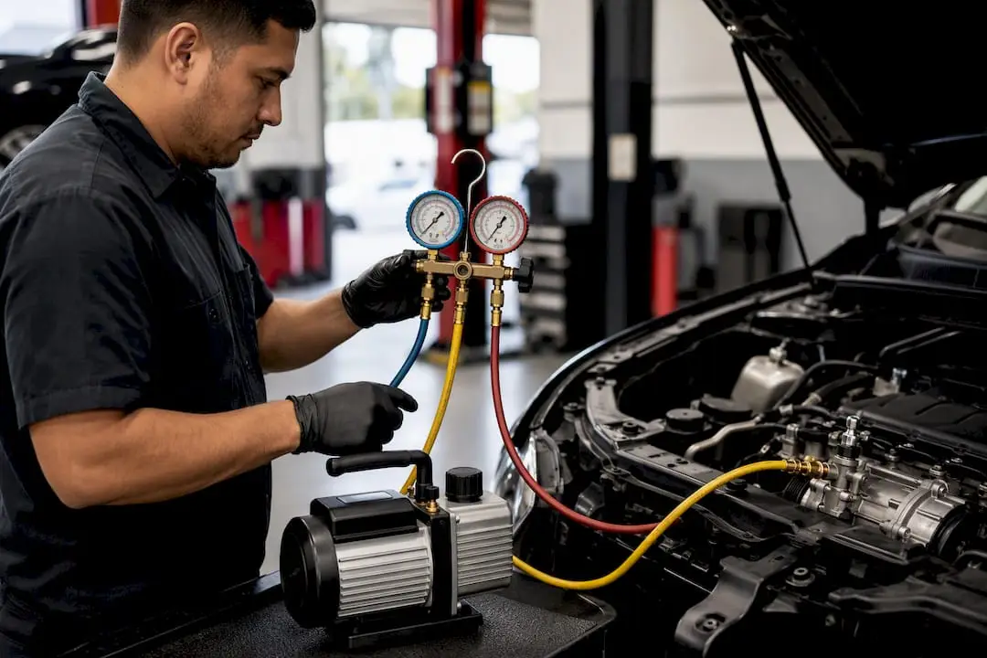 Technician monitoring an AC vacuum test