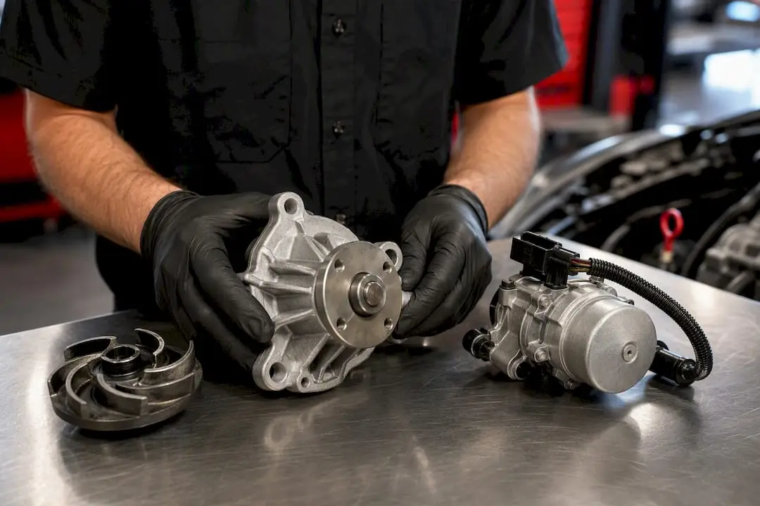 Technician comparing water pump components