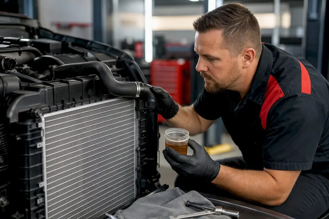 Technician inspecting radiator and coolant hose